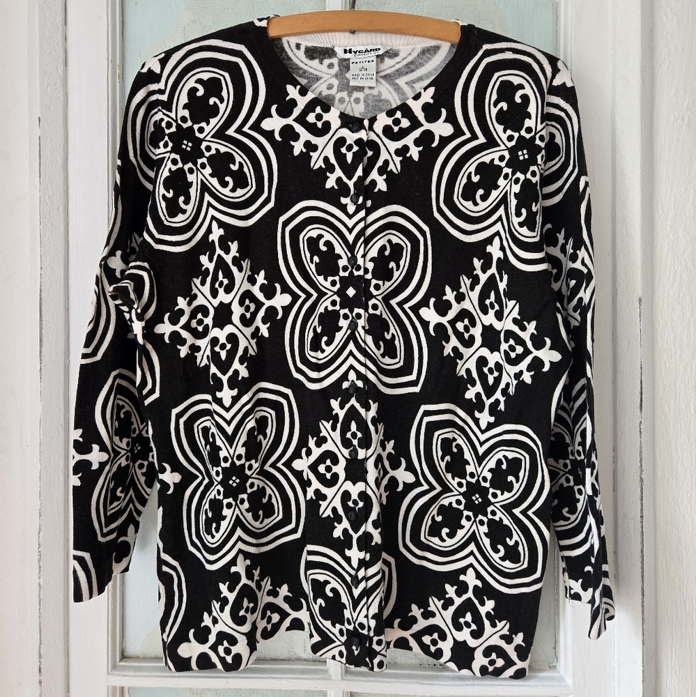 Nygård Black White Patterned Cardigan Petite L